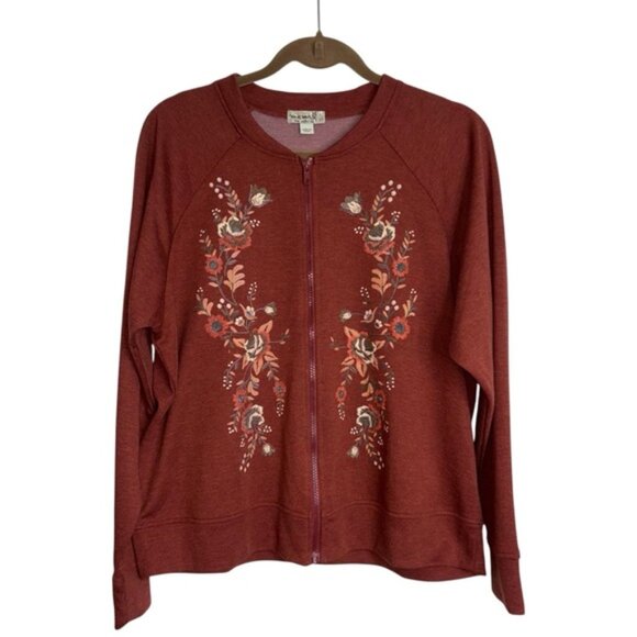 ONE WORLD Womens Large Rust Brick Red Stamped Design Jacket Zip Sweater Autumn - Picture 1 of 8